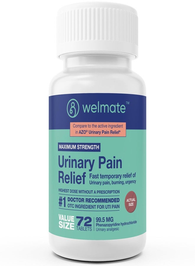 WELMATE - Urinary Pain Relief (72 Tablets) - Phenazopyridine Hydrochloride 99.5mg - Urinary Pain, Urgency, & Discomfort - Maximum Strength - Over-The-Counter Medication - Image 1